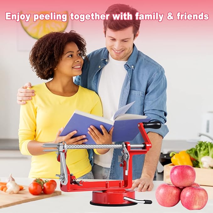 Apple Peeler, Slicer Corer Potato Peelers 3 In 1, Stainless Steel Heavy Duty with Suction Cup Base And 3 Extra Blades (Red)