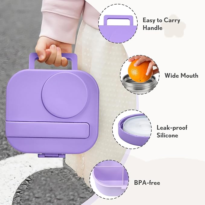 Bento Lunch Box with 12oz Soup Thermo,4 Compartments Lunch Box Containers, Spoon&Sauce Jar, BPA Free&Leak proof,Insulated Food Jar for Travel(Purple)