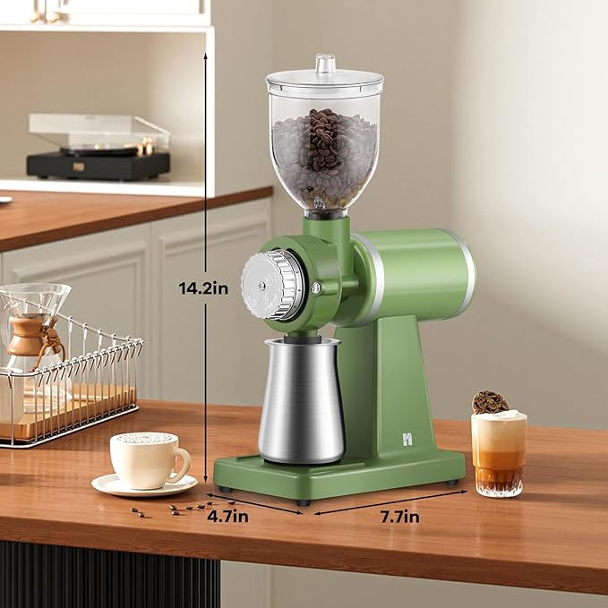 Huanyu Electric Coffee Bean Grinder 250G Commercial&Home Milling Grinding Machine 200W Automatic Burr Grinder Professional Miller 8 Fine - Coarse Grind Size Settings (Green)