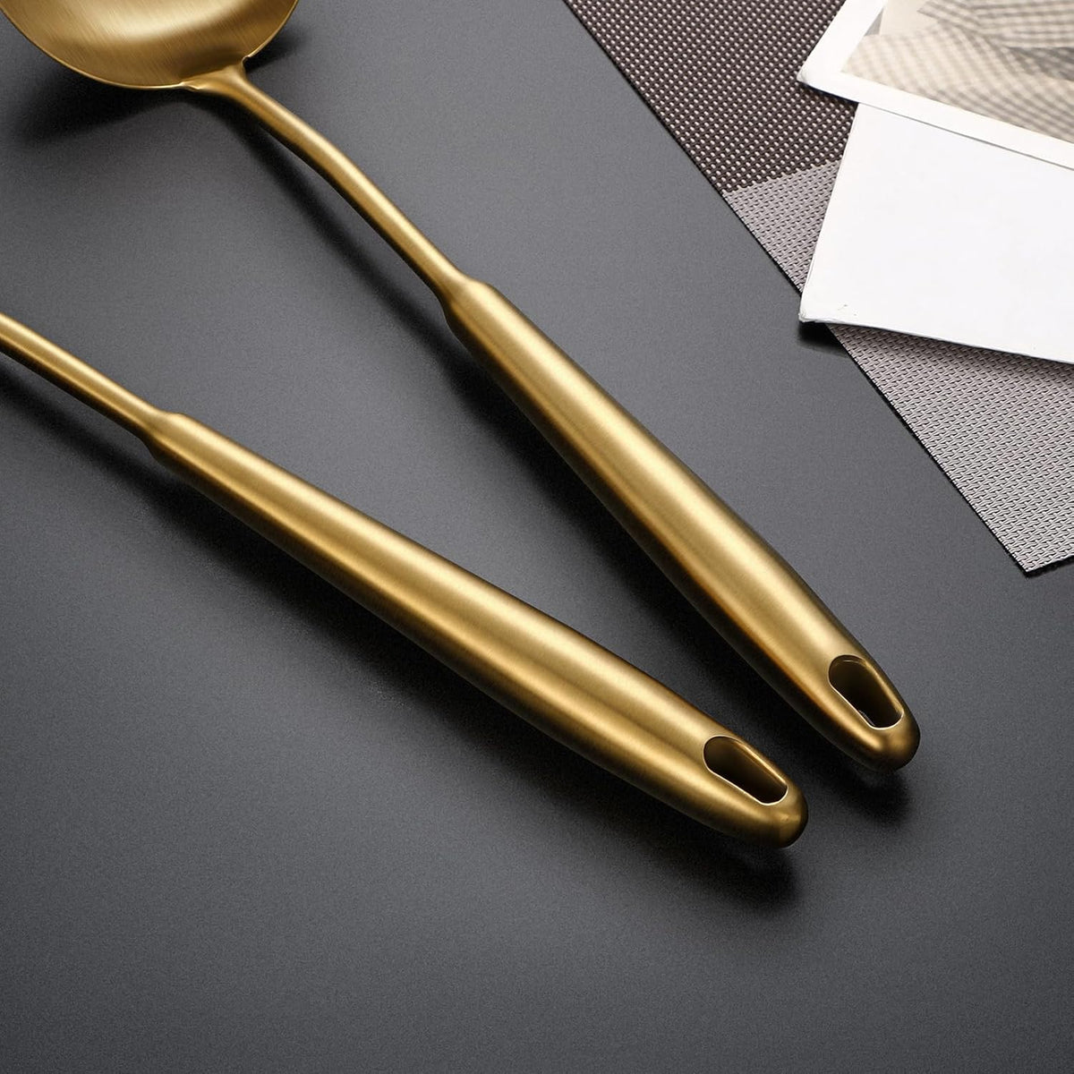 304 Stainless Steel Cooking Utensils,6 Pcs Kitchen Cooking Utensils Set with Spatula, Solid Spoon, Ladle, Skimmer, Spaghetti Spoon,Dishwasher Safe(Gold)