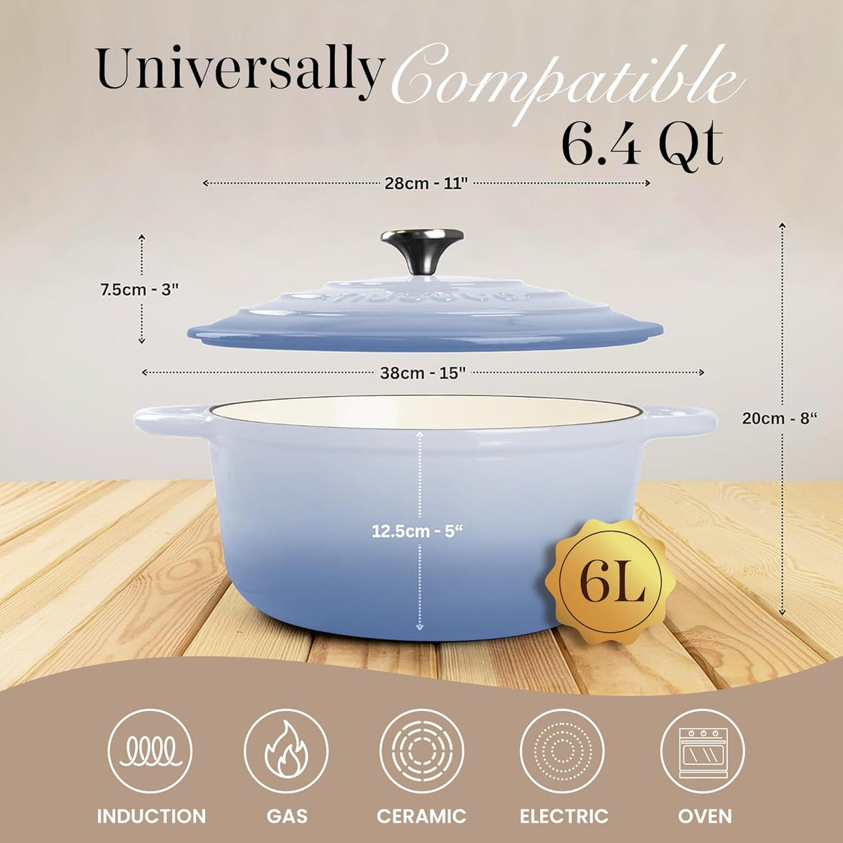 Nuovva Enamelled Cast Iron Dutch Oven Pot with Lid 6.4 Quart Non Stick Casserole Pot – Heavy Duty & Oven Safe up to 500° F for Bread Baking, Braising, Stews, Roasting – 28cm Costal Blue