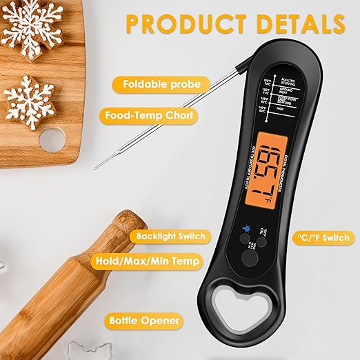 Instant Read Meat Thermometer Digital, Backlight & Calibration Food Thermometer, with Bottle Opener, for Grill and Cooking, Kitchen Gadgets for BBQ, Turkey, Candy, Liquids