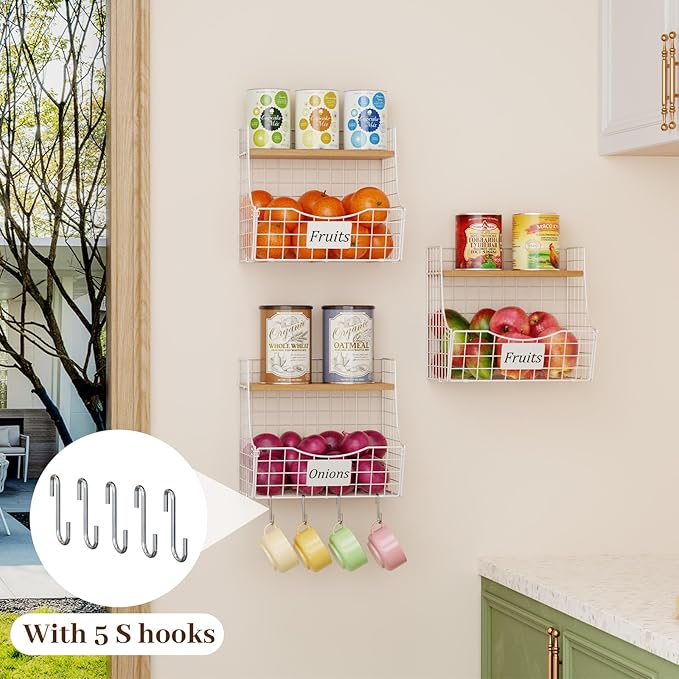 3 Pack Hanging Fruit Basket for Kitchen with Wood Lid - Onion and Potato Storage Fruit Bowl with Nameplate for Counter&Wall Mounted, Stackable Storage Basket,11.81 * 8.66 * 10.63inch
