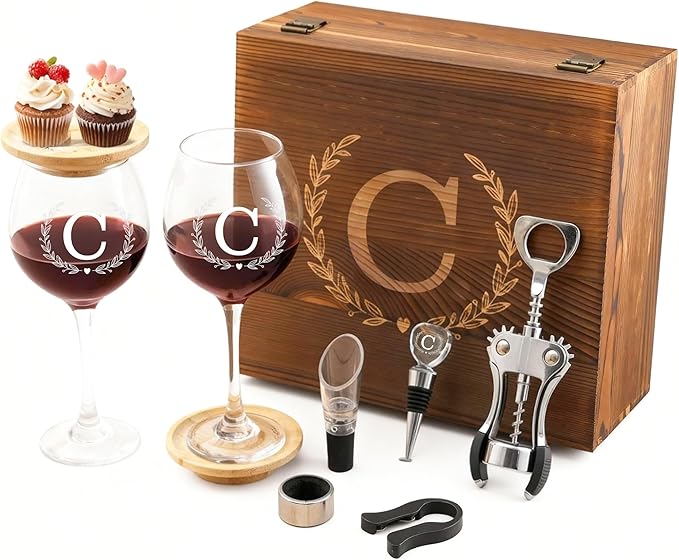 GZLDGIFTS Personalized Initial Wine Glasses Box Gift Set For Women Mom Engraved Birthday Monogrammed Wooden Christmas Gifts Wedding Anniversary Wine Couples Stopper Opener Initial Letterr (C Set)