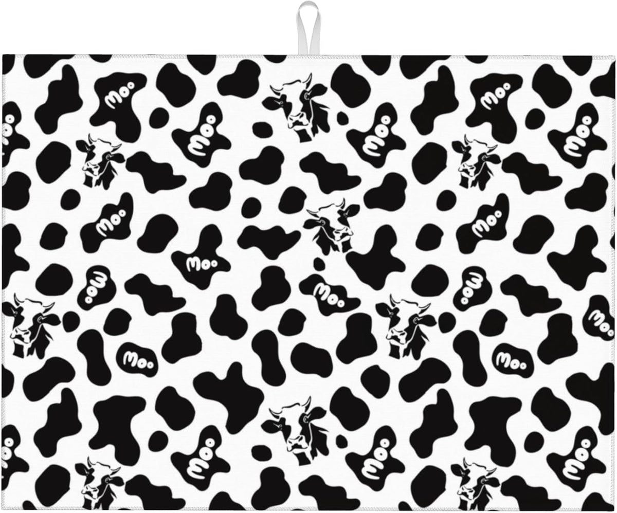Black White Dish Drying Mat for Kitchen Counter 18"x24" Cow Print Dishes Pad Dish Drainer Rack Mats Microfiber Washable Absorbent Kitchen Decor
