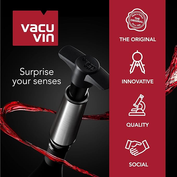 Vacu Vin Wine Saver Pump Blue with Vacuum Wine Stopper - Keep Your Wine Fresh for up to 10 Days - 1 Pump 6 Stoppers - Reusable - Made in the Netherlands