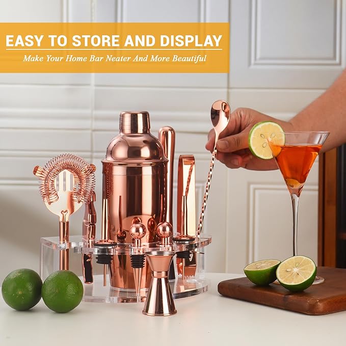 Bartender Kit Cocktail Shaker Set, Stainless Steel Cocktail Kit with 12 Piece Bar Accessories, 25oz Shaker Bar Set Drink Mixer Set with Stand Jigger Strainer Spoon Muddler for Cocktails (Rose Gold)