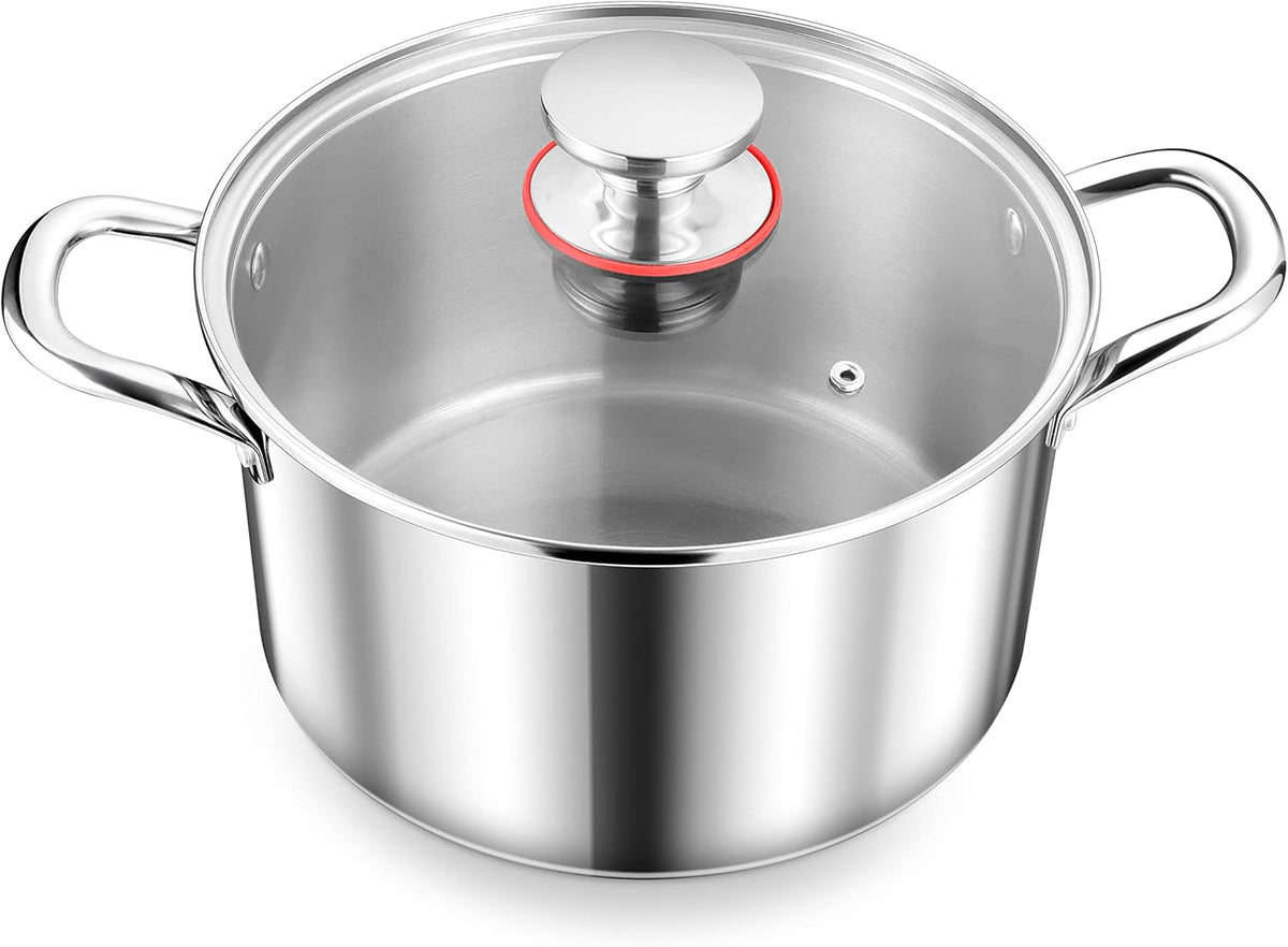 Herogo 4 Quart Stock Pot, 18/10 Stainless Steel Cooking Pot with Lid, Tri-Ply Pasta Stockpot with Handles, 4 QT Stockpot for Induction Gas Electric Stove, Dishwasher Safe