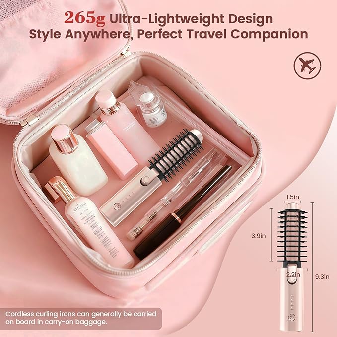 Youbella Cordless Hair Curling Iron Brush, Portable Travel Hair Curler, Mini 1.5″ Heated Round Brush, 3-in-1 USB Rechargeable Straightening Wand for Styling & Smoothing, 200 Million Ionic Care, Pink