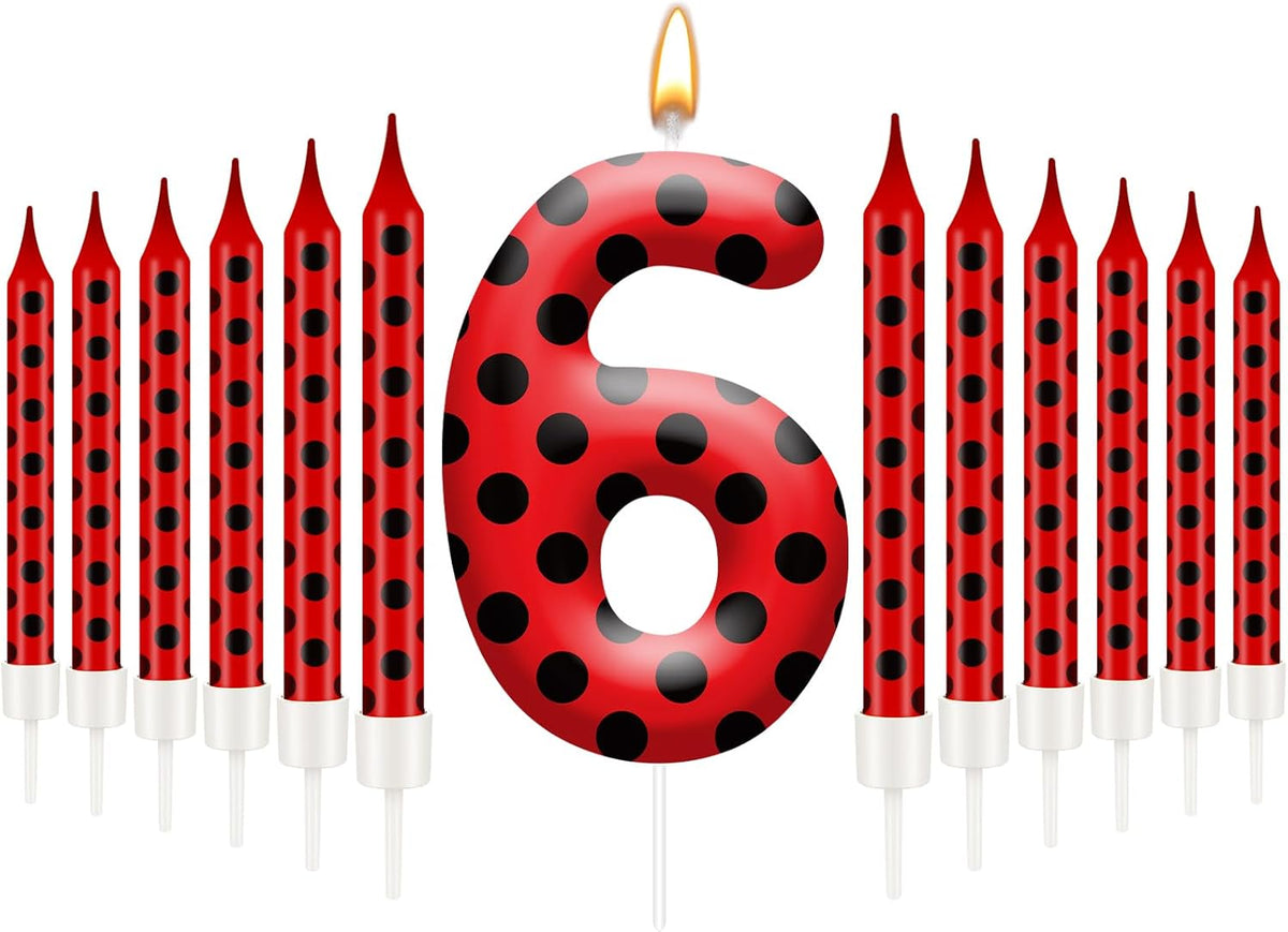 13PCS Ladybug Theme Birthday Candles Set - Red & Black Polka Dot Decorative Candles for Kids Ladybug Themed Parties, Baby Showers, Birthday Cakes, and Ladybird Inspired Celebrations(Number 6)