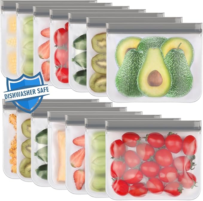 Lerine 14 Pack Reusable Sandwich Bags Dishwasher Safe, BPA Free Food Storag Bags, Extra Thick Leakproof Reusable Quart Freezer Bags for Cereal, Lunch, Vegetables, Fruits (Gray, 14Sandwich)