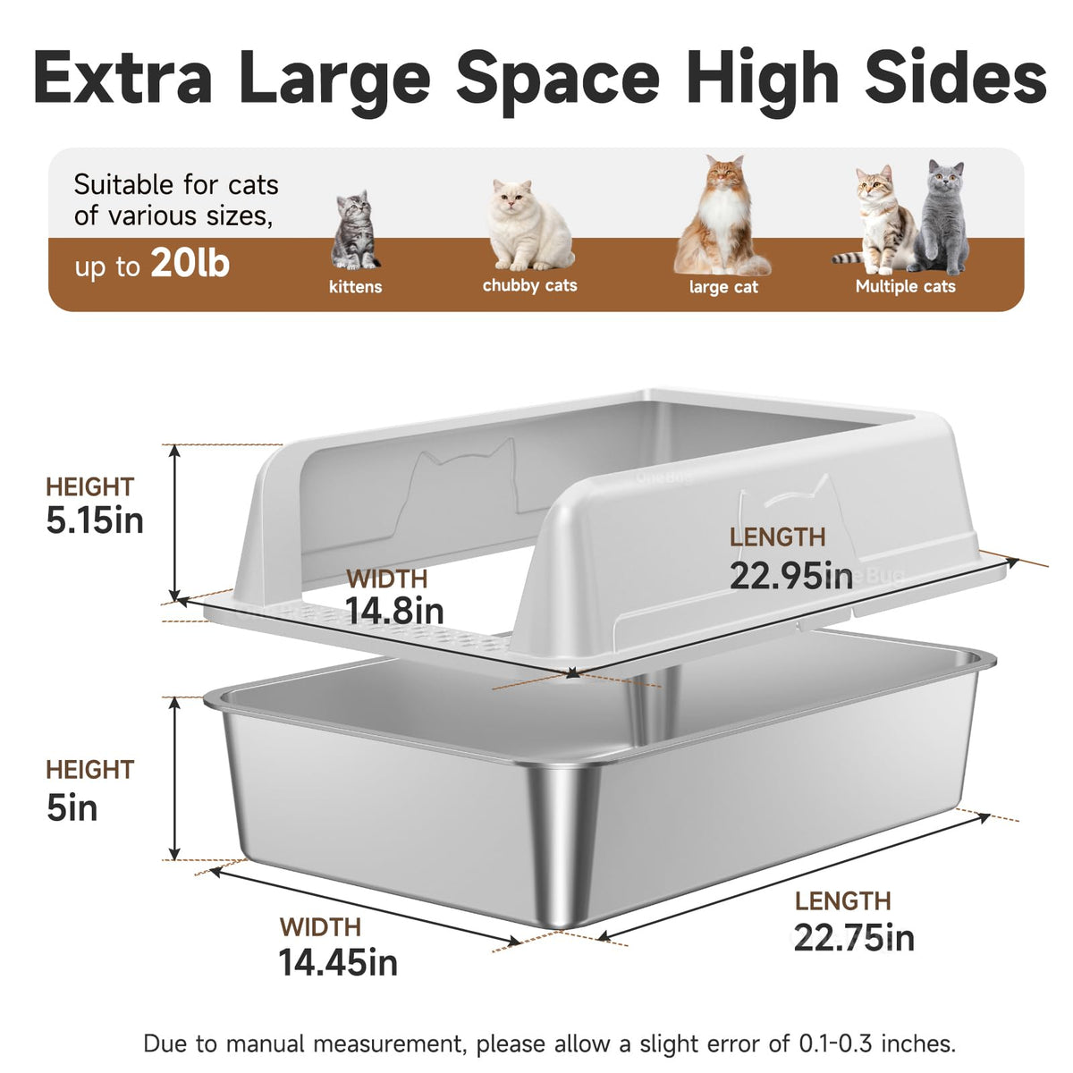 OneBug High-Sided Stainless Steel XL Cat Litter Box for Cats