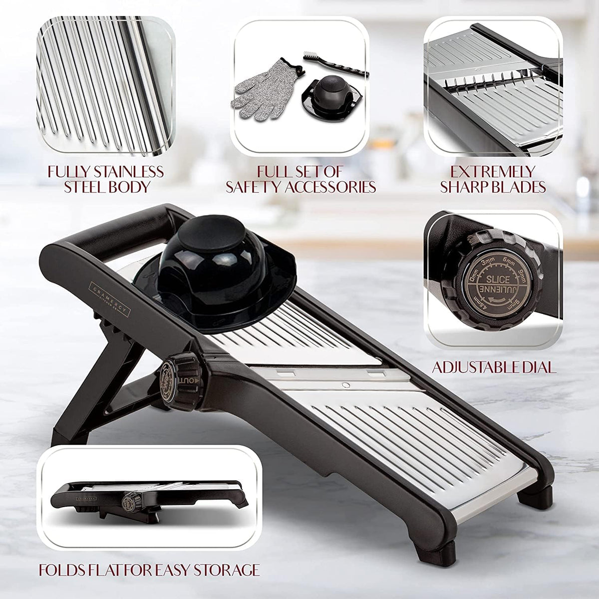 Gramercy Mandoline Food Slicer, Vegetable Cutter, Potato Slicer, Mandolin for Kitchen, Veggie Cutter, Cucumber Tool - Comes with One Pair Cut-Resistant Gloves