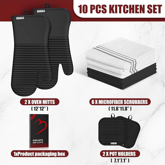 Oven Mitts and Pot Holder Sets with Silicone Grip, 500°F Heat Resistant-6 Pack Dishcloth/Dish Towels for Kitchen 100% Cotton-Value Kitchen Essentials for Cooking, Baking, Grilling-Black