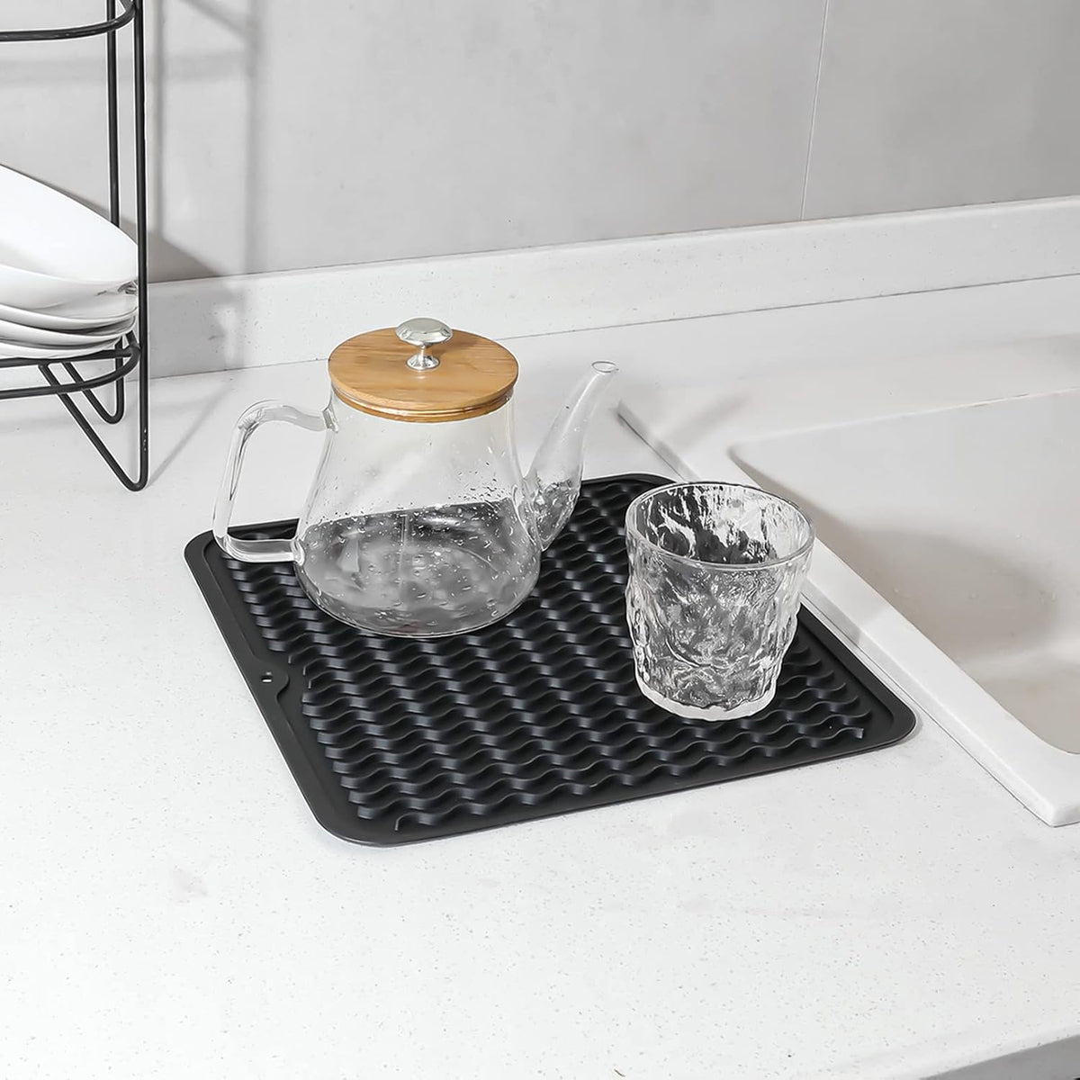 Silicone Dish Drying Mat for Multiple Usage,Easy clean,Eco-friendly,Heat-resistant Silicone Mat for Kitchen Counter or Sink,Refrigerator or Drawer liner Black M 12 inches x 12 inches