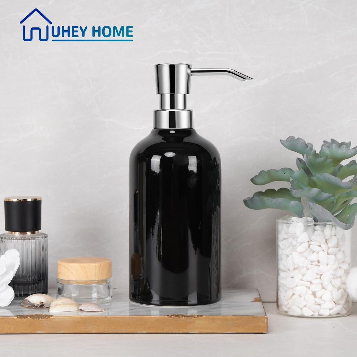Ceramic Black Soap Dispenser Bathroom, 2 Pcs 16.9oz Hand Soap Dispenser for Kitchen, Hotel