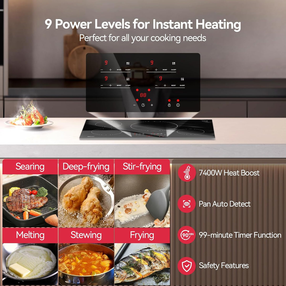 30 Inch Induction Cooktop 7400W, TECASA Built-in Induction Stovetop with 4 Boost Burner, Timer & Child Safety Lock, 9 Heating Level, Sensor Touch Control, 240V, Drop-in Electric Stove Top