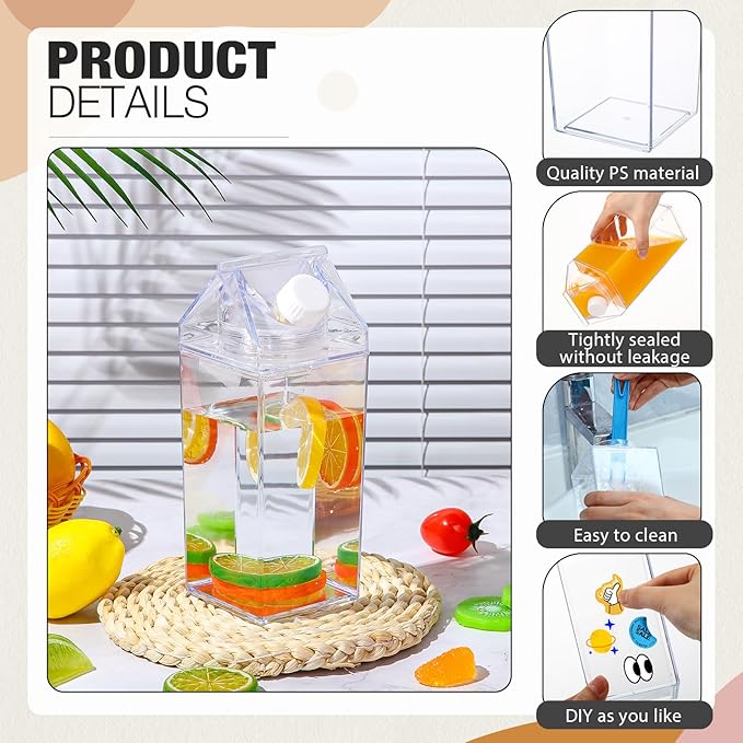 Remerry 3 Pcs Milk Carton Water Bottle Square Plastic Coffee Portable Reusable Milk Carton Cup Leakproof Juice Bottle