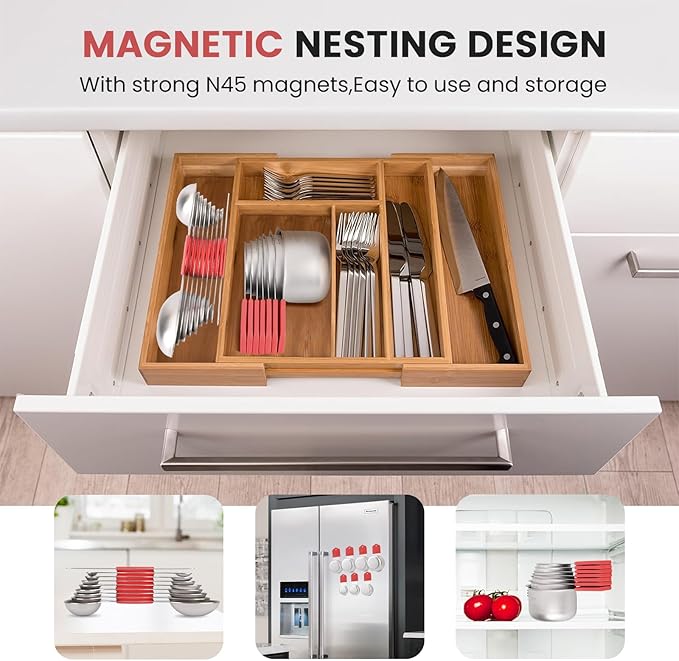 Magnetic Measuring Cups and Spoons Set-Heavy Duty 304 Stainless Steel，Double Measurement Markings，Set of 16 with Leveler for Measure Dry and Liquid Ingredients (Red)