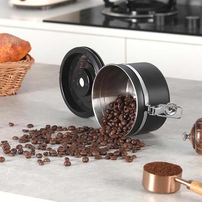 Coffee Canister, Airtight Coffee Container with Date Tracker Lid, Stainless Steel Canister for Kitchen Food Storage (Black, 9oz)