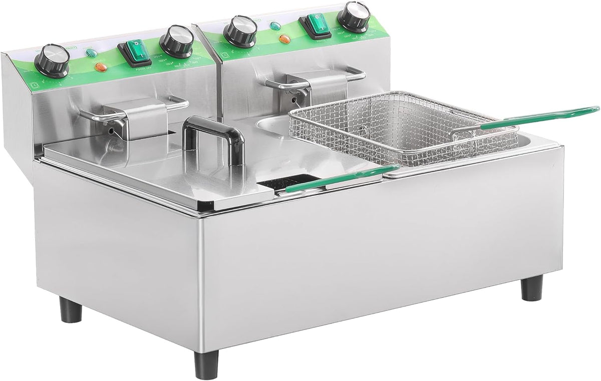 20L/21.2QT Commercial Deep Fryer with Timer Dual Tank Electric Countertop Fryer with Double Baskets and Lids, Temp Control, 3400W/110V Stainless Steel Large Deep Fryer for Restaurant Kitchen