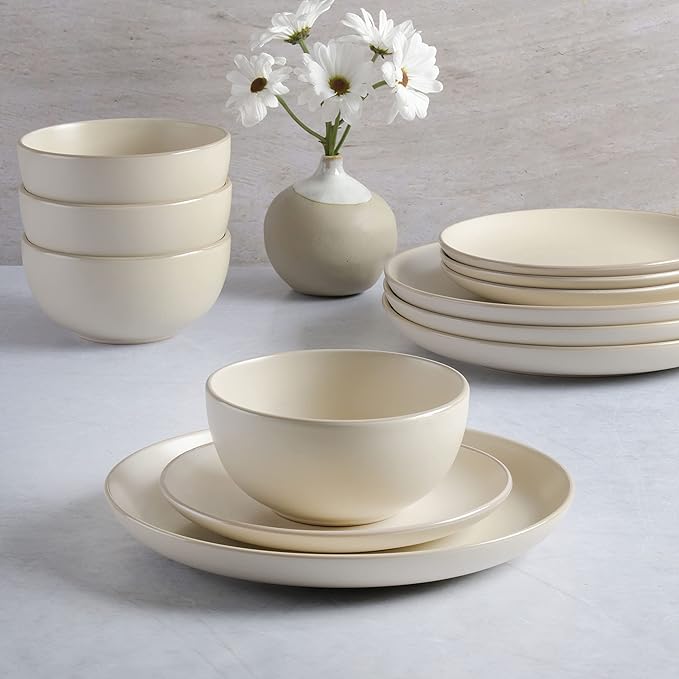 Gibson Home Rockaway 12-Piece Round Stoneware Dinnerware Set, Service for 4 – Cream Plates and Bowls, Modern Matte Finish, Microwave & Dishwasher Safe