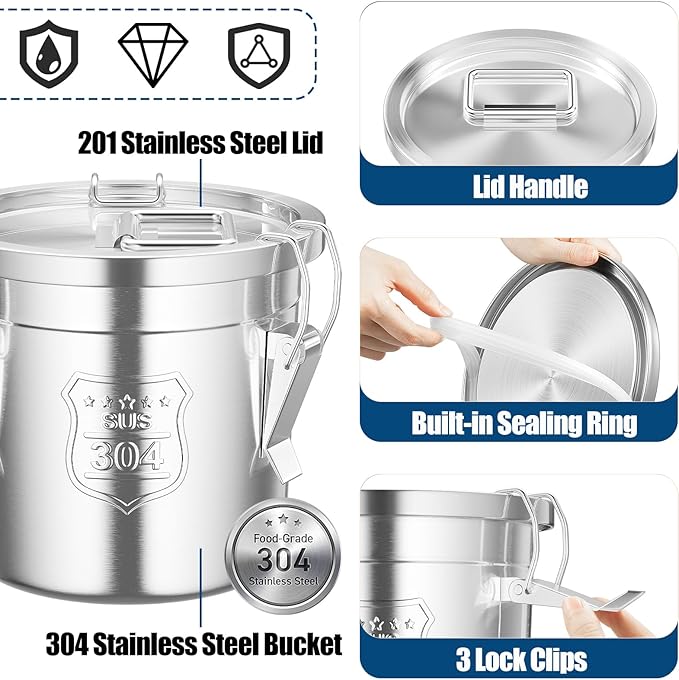 304 Stainless Steel Airtight Canister, 1.6Gal /203oz/6L Airtight Food Storage Container with Lid Lock Clips, Flour Container Metal Bucket Food Storage Container for Rice, Flour, Grain, Coffee Bean