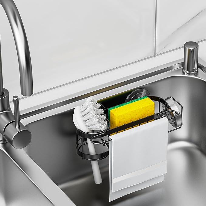 Cisily Kitchen Sink Caddy Sponge Holder in The Sink, Stainless Steel Kitchen Sink Organizer, Brush Holder, Dish Cloth Hanger, Sink Stopper Holder with 2 Installation Ways (Suction & Adhesives