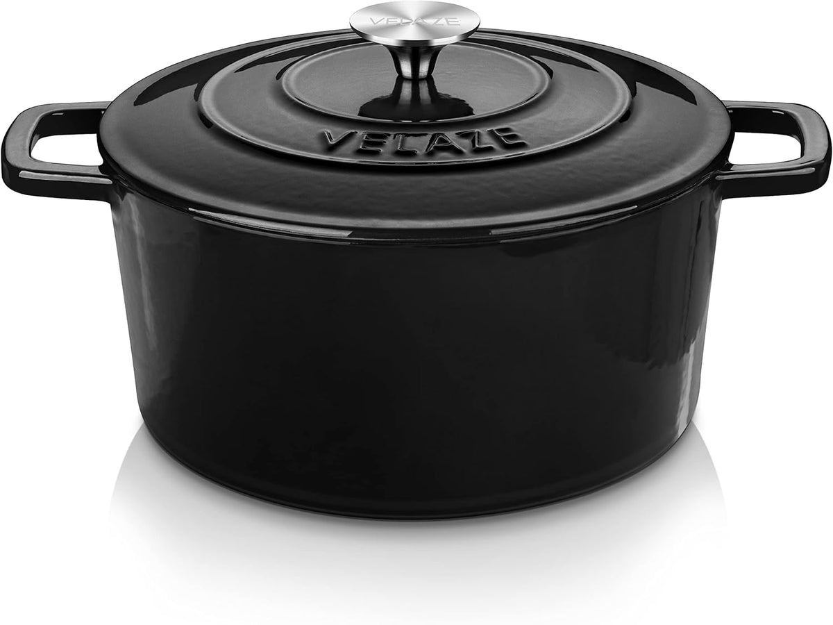Velaze 6 QT Enameled Cast Iron Dutch Oven, Dual Handles Dutch Oven Pot with Lid,Heavy-Duty Non-stick Round Dutch Oven for Bread Baking, Stewing, Roasting, Good Sealing for All Heat Source (BLACK)
