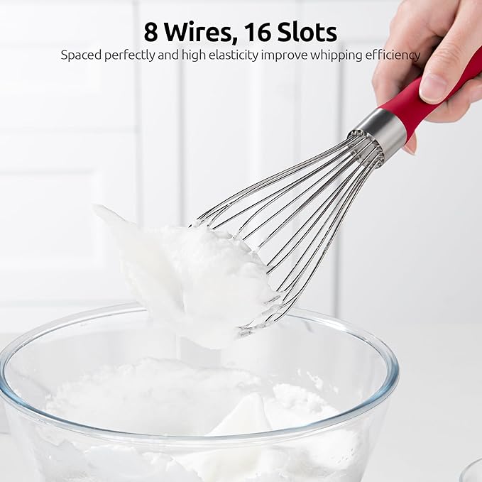 U-Taste Balloon Whisk for Cooking: 18/10 Stainless Steel Kitchen Wire Whisk, Medium Heavy Duty Egg Beater, Manual Baking Mixing Tool with 8 High Flex Wires for Stirring, Blending Sauce (Red)
