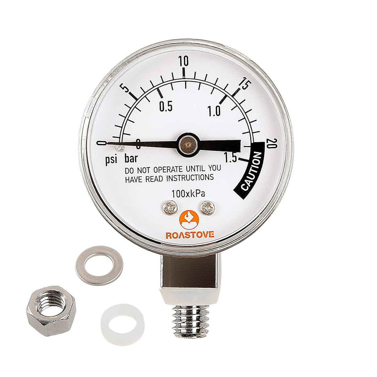 Roastove Stainless Steel Pressure Cooker Gauge, Pressure Canner Gauge, Steam Pressure Gauge, 2" Dial, Lower Mount, Including Gasket, Washer and Nut