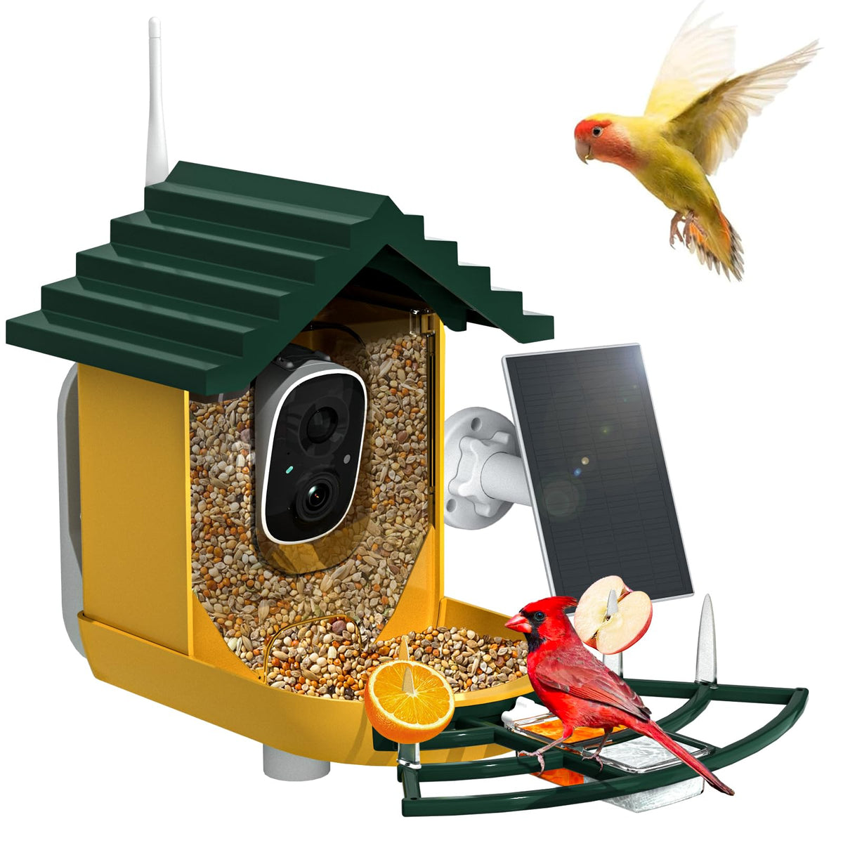 NAVFS Smart Bird Feeder with Camera Solar Powered & AI Bi rd Identification, 2.4Ghz WiFi Bird feeders for Outdoors, 2K Live Video, Instant Arrival Alerts-Green-Yellow