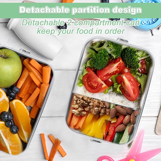 QTLCOHD 4 Pack 850ml Stainless Steel Lunch Box for Adults, 29oz Metal Bento Box with 2 Compartments, Leak-Proof Lunch Container with Lockable Clips, Metal Food Storage for Travel, Work