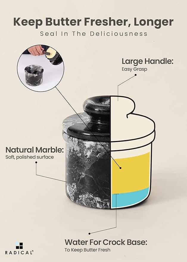 Radicaln Marble Butter keeper 4.25" Inches Black Zebra Handmade French Butter Container For kitchen decor Ideal Butter Dish With Lid For Countertop Butter Crock For Counter With Water