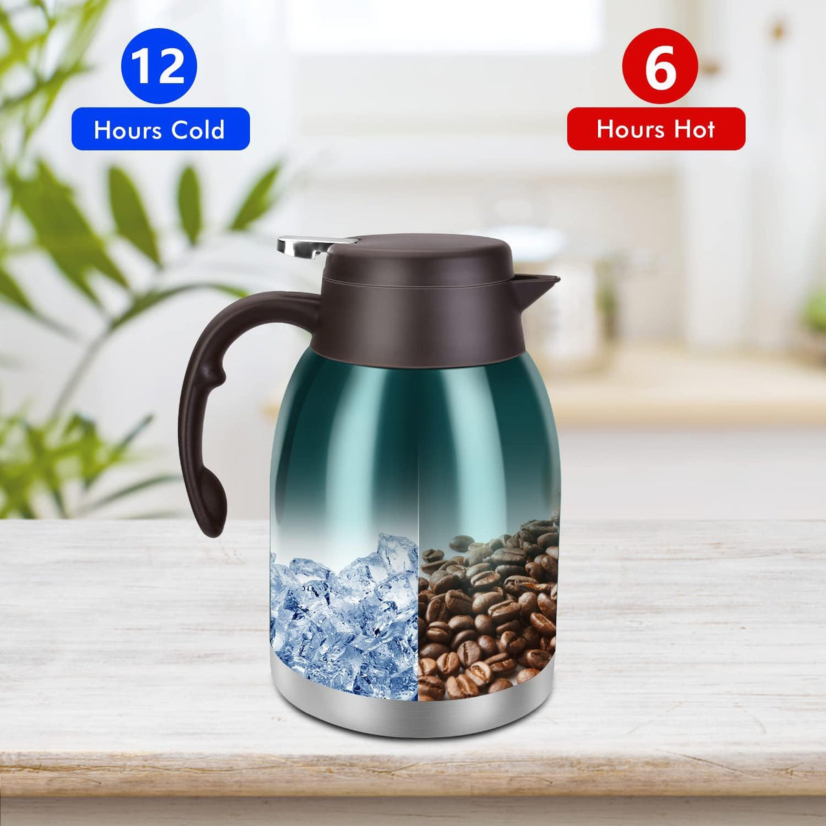 54oz Stainless Steel Thermal Coffee Carafe Dispenser, Unbreakable Double Wall Vacuum Flask 1.6L Water Tea Pot Beverage Pitcher for Hot Coffee for Christmas Carafe (Green)