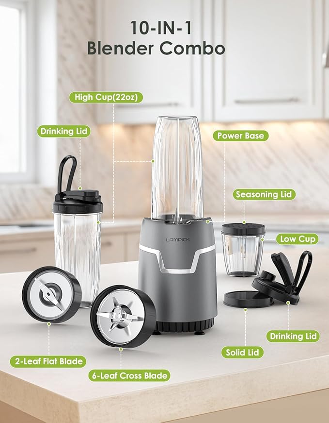 Smoothie Blender, 1100W Personal Blender for Shakes and Smoothies, Blenders and Grinder Combo for Kitchen with 2 * 22 Oz To-Go Cup and Lid for Protein Shake, Baby Food, Frozen Drink