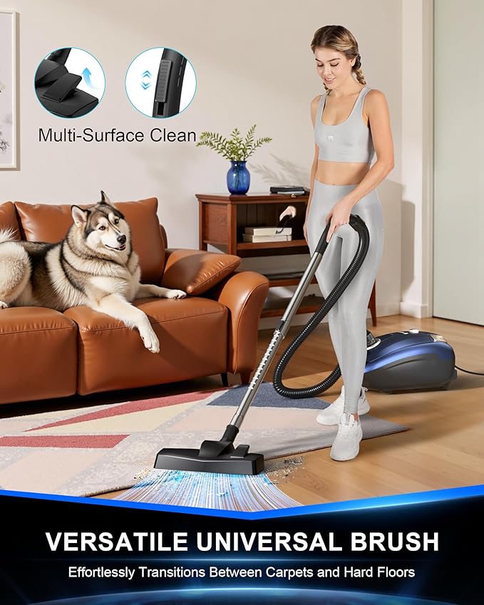 Bagged Canister Vacuum Cleaner,1400W Powerful High-Suction Bagged Canister Vac with 3.7QT Dust Bags,Pop-N-Go Brush,HEPA Filter,Dual Motors&4 Cleaning Tools,Perfect for Low-Pile Carpets&Hard Floors