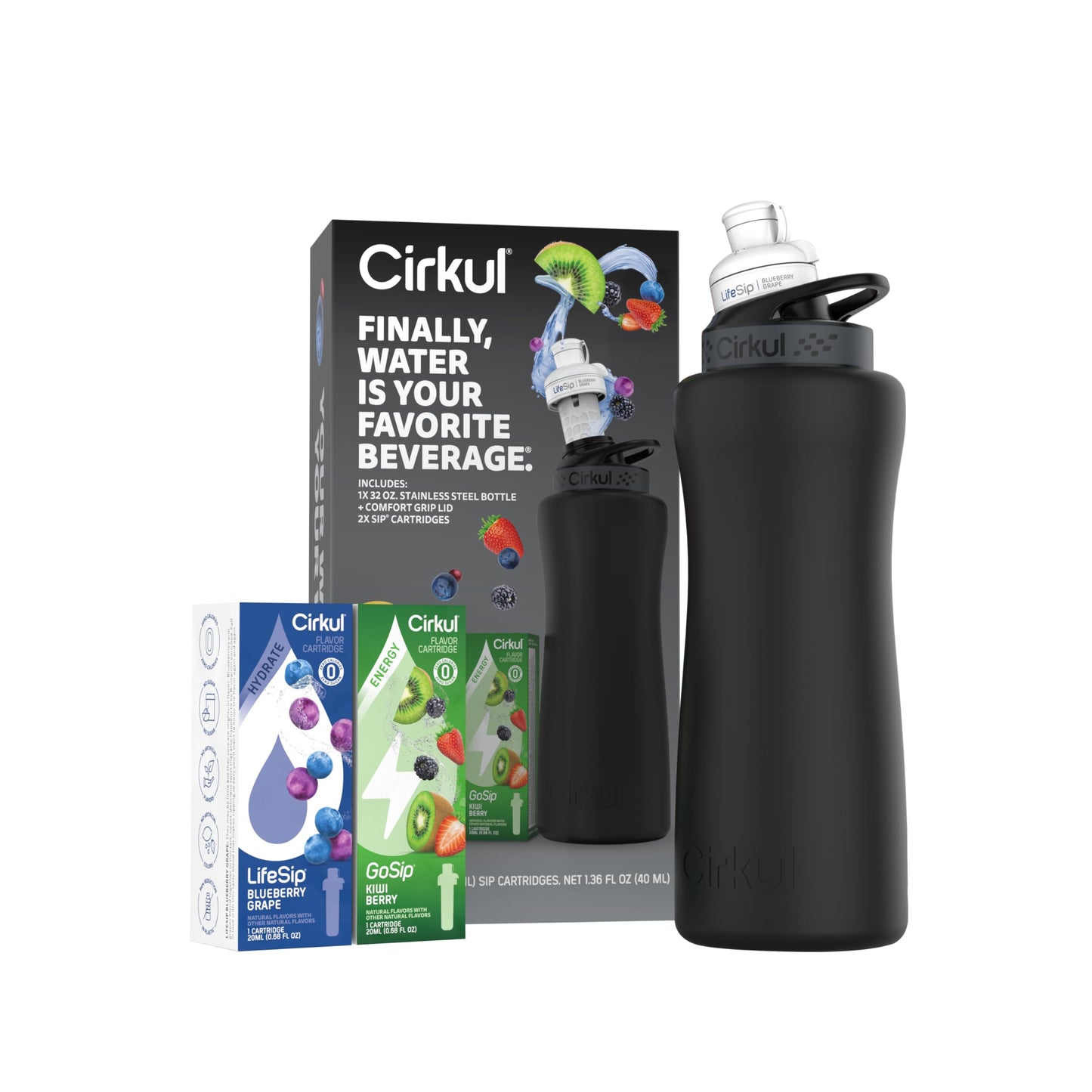 Cirkul 32oz Black Metal Bottle with Two No Sugar, 0 Cal Flavored Water Sips