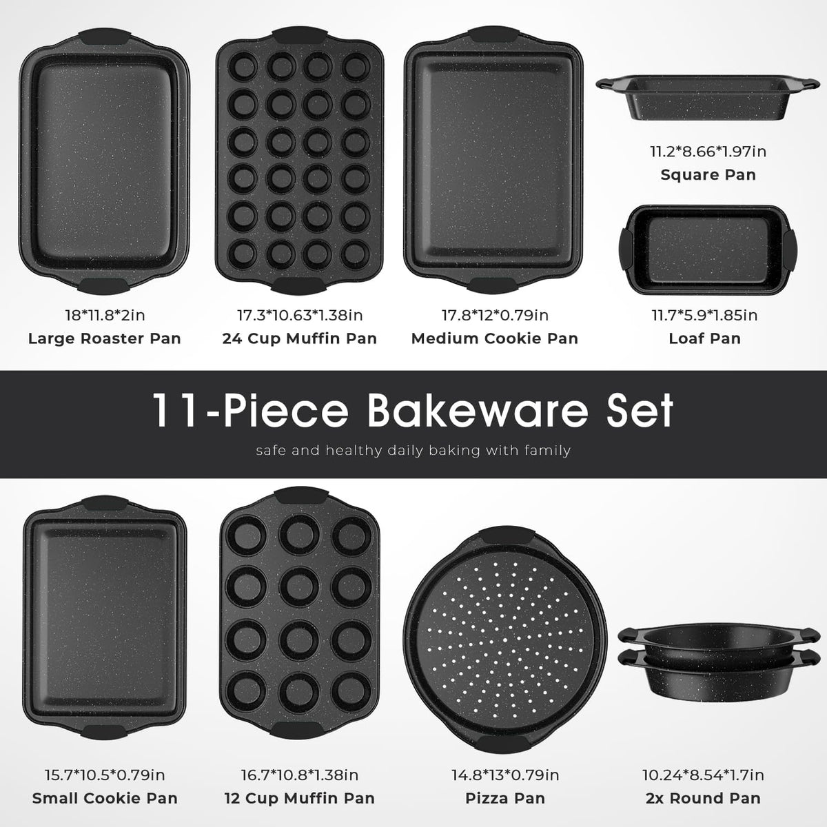11-Piece Nonstick Baking Pan Set, Stackable Bakeware Sets, Oven Pans for Baking with Silicone Handles, Includes Cookie Sheet, Cake Pans, Loaf Pan, Pizza Pan, Muffin Pan, Black