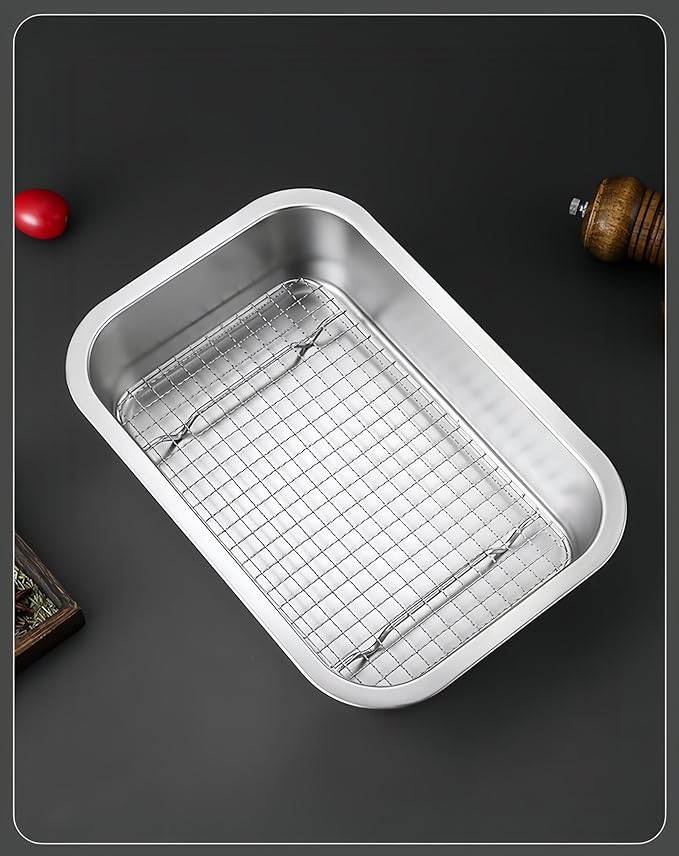 Stainless Steel Sturdy Roasting Pan with Cooling Rack – Oven, Toaster & Grill Safe, Deep Edge, Smooth Finish, Dishwasher Safe – Perfect for Turkey, Chicken, BBQ (10.4x7.7x2.8in)