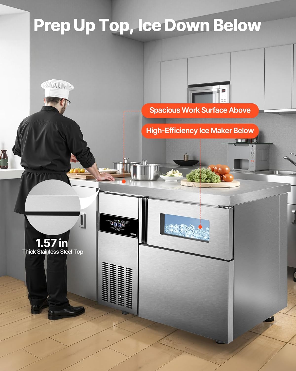 VEVOR Commercial Ice Maker Machine, 220 lbs/24H Stainless Steel Ice Machine with Worktop, 66 lbs Ice Storage Bin & Touch Screen, Self-Cleaning Freestanding Ice Making for Home Bar Restaurant Kitchen