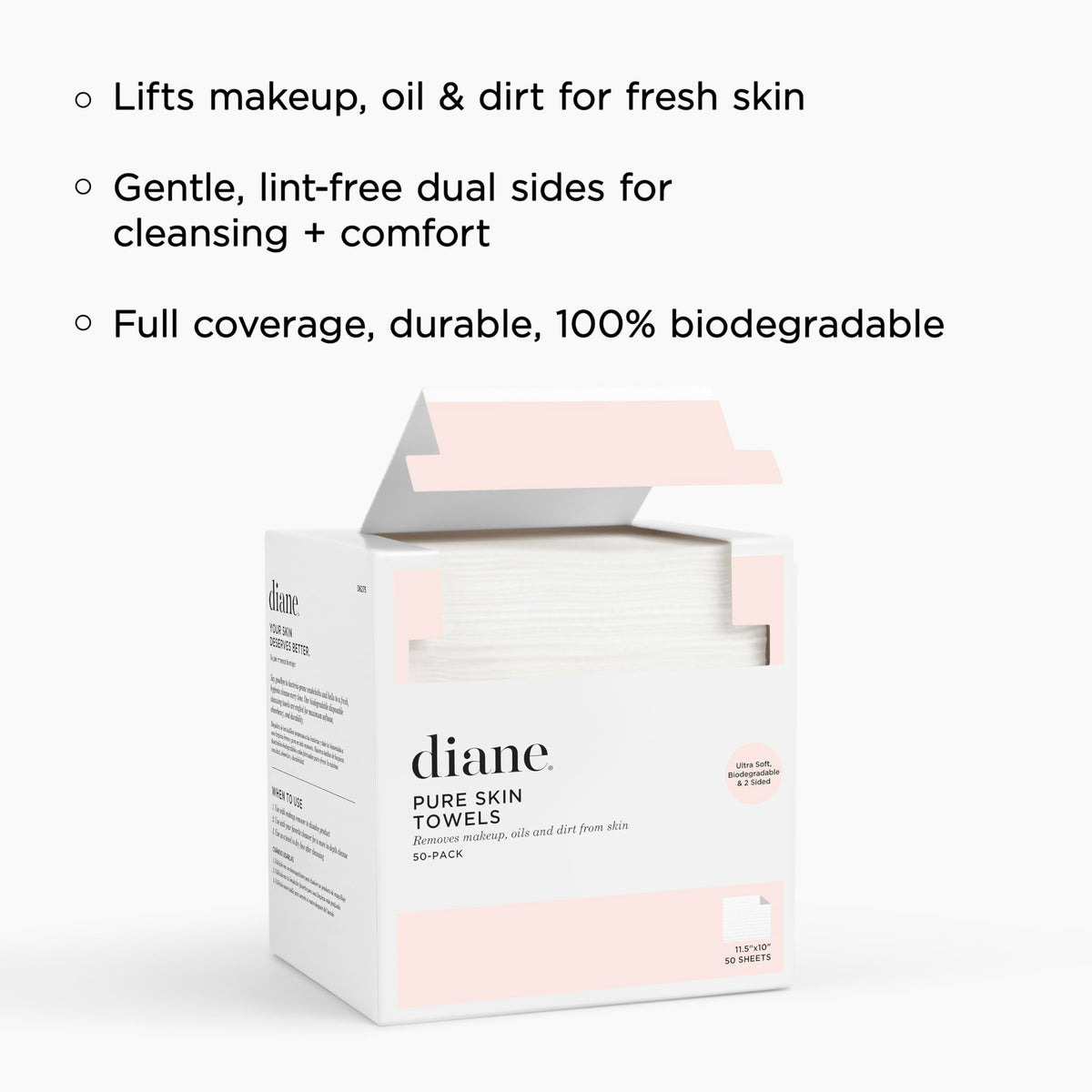 Diane Pure Skin Towels, Disposable Face Towels for Hygienic Cleanse, Makeup Remover Dry Wipes, XL Face Towels that Remove Makeup, Oils, & Dirt from Skin, Eco-Friendly, Vegan, Biodegradable - 50-Pack
