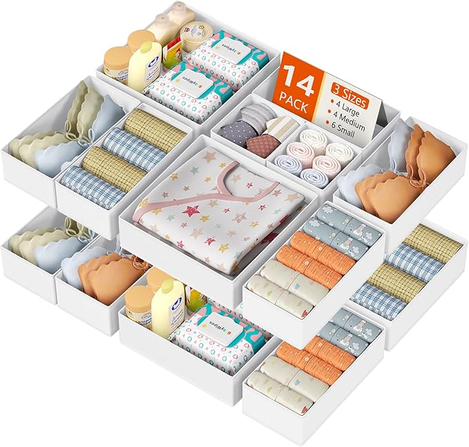 DIMJ Drawer Organizer Clothes 14 Pack - Foldable Baby Organizers and Storage & Dresser Organizer for Bedroom, Closet - Nursery Organization Dresser Dividers for underwear, Sock,Bra, Belt, Tie, White