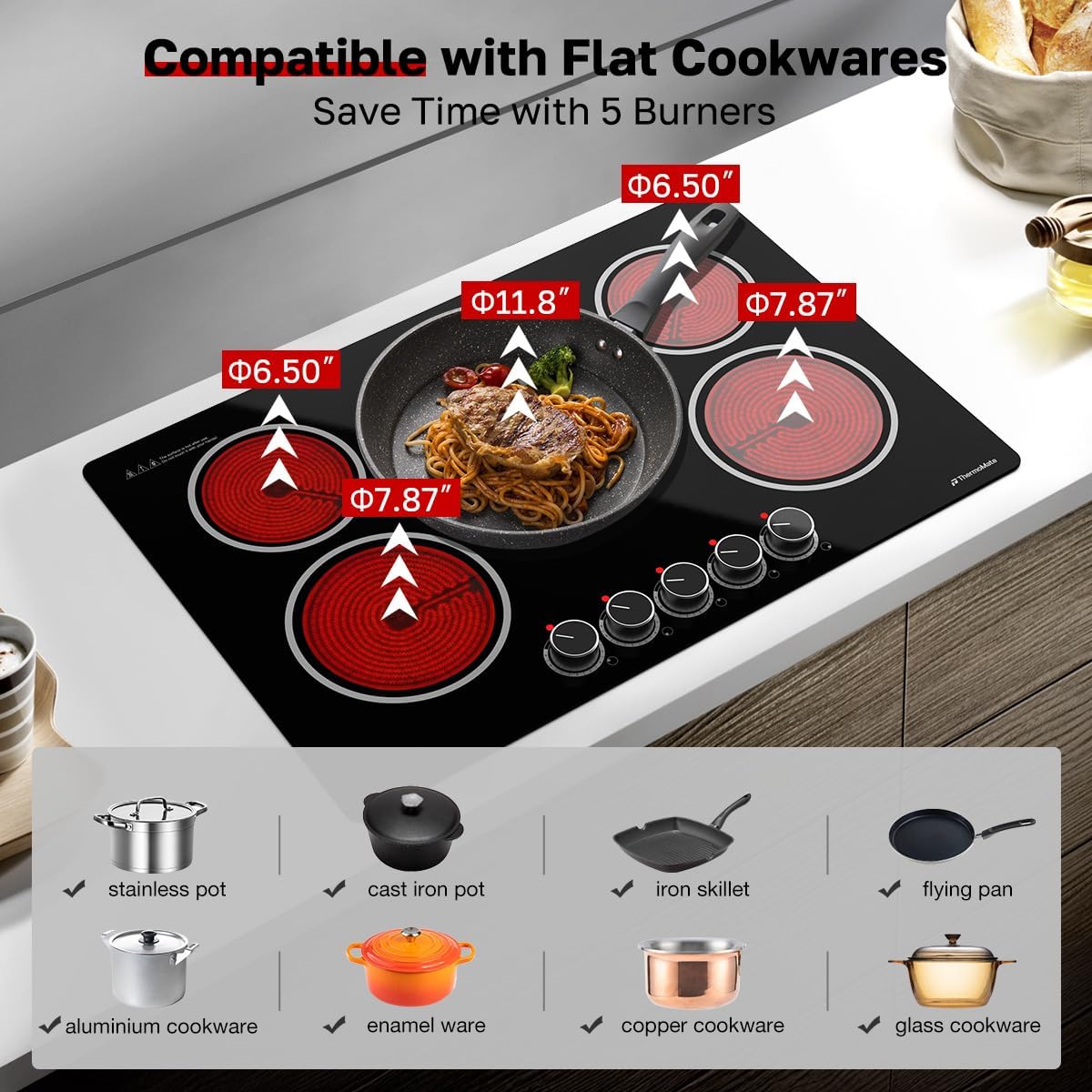 ThermoMate 30 Inch Electric Cooktop, 5 Burners Knob Control Built-in Ceramic Cooktop, 30" Radiant Electric Stove Top of 9000W with 9 Heat Levels, Hot Surface Indicator, 220-240v, Hard Wired