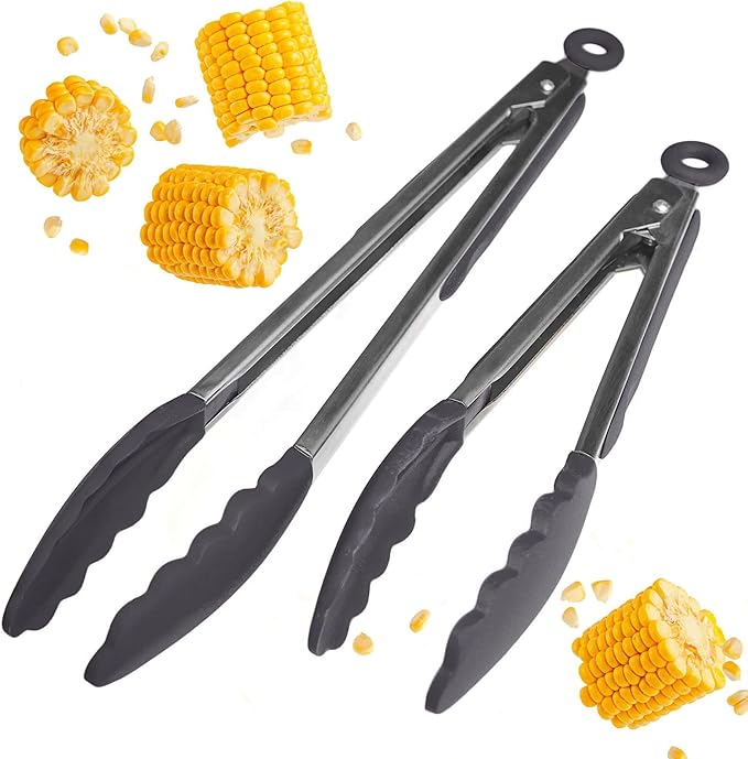 StarPack Premium Silicone Kitchen Tongs Set of 2 (9-Inch & 12-Inch) - Stainless Steel with Non-Stick Silicone Tips, High Heat Resistant to 480°F, For Cooking, Serving, Grill, BBQ & Salad (Gray Black)