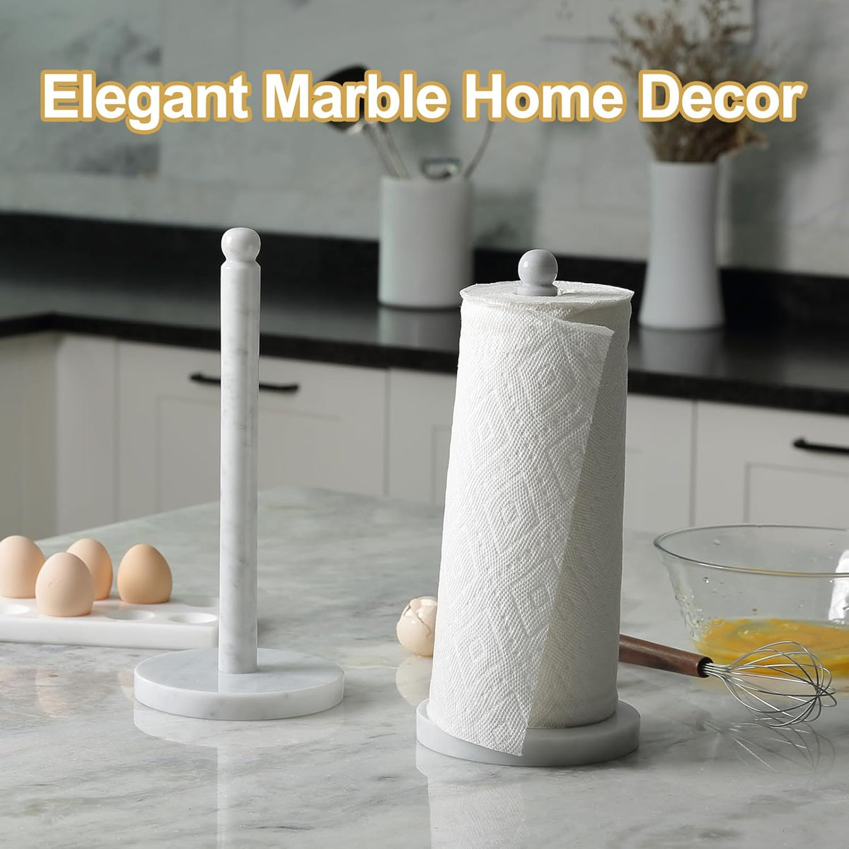 Koville Carrara Marble Paper Towel Holder Countertop, 6“ Genuine Stone Paper Towel Holder Stand for Kitchen Storage, for Standard or Jumbo-Sized Rolls