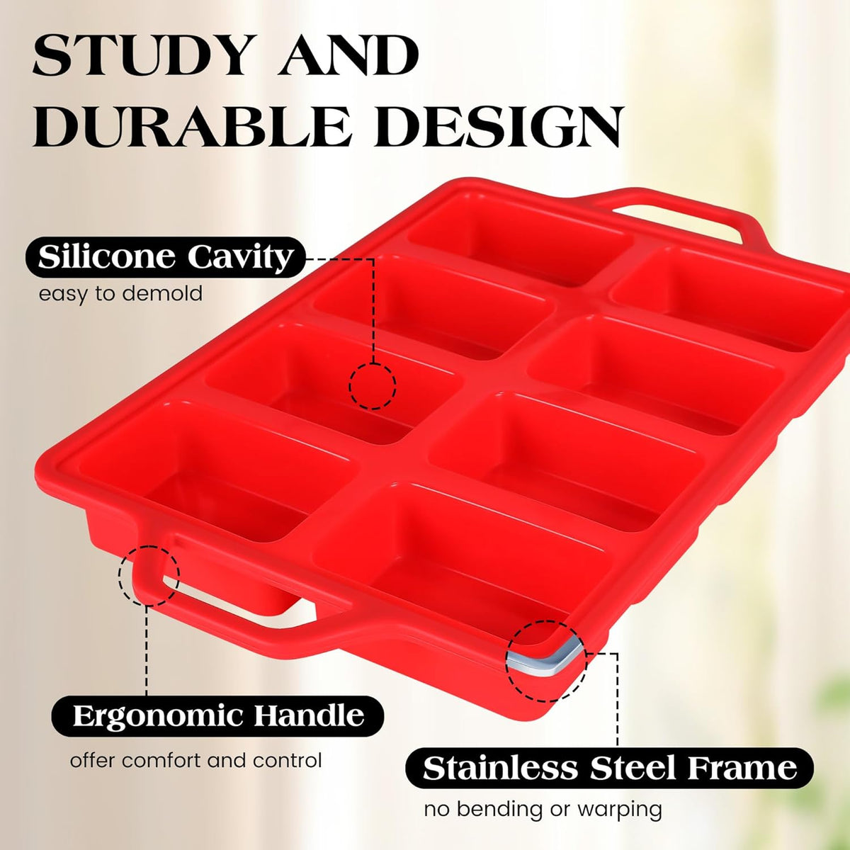 1 Pc Mini Loaf Pans Silicone, Nonstick Small Bread Pans for Baking, Tiny Meatloaf Pan with Metal Reinforced Frame 8 Cavity (Red)