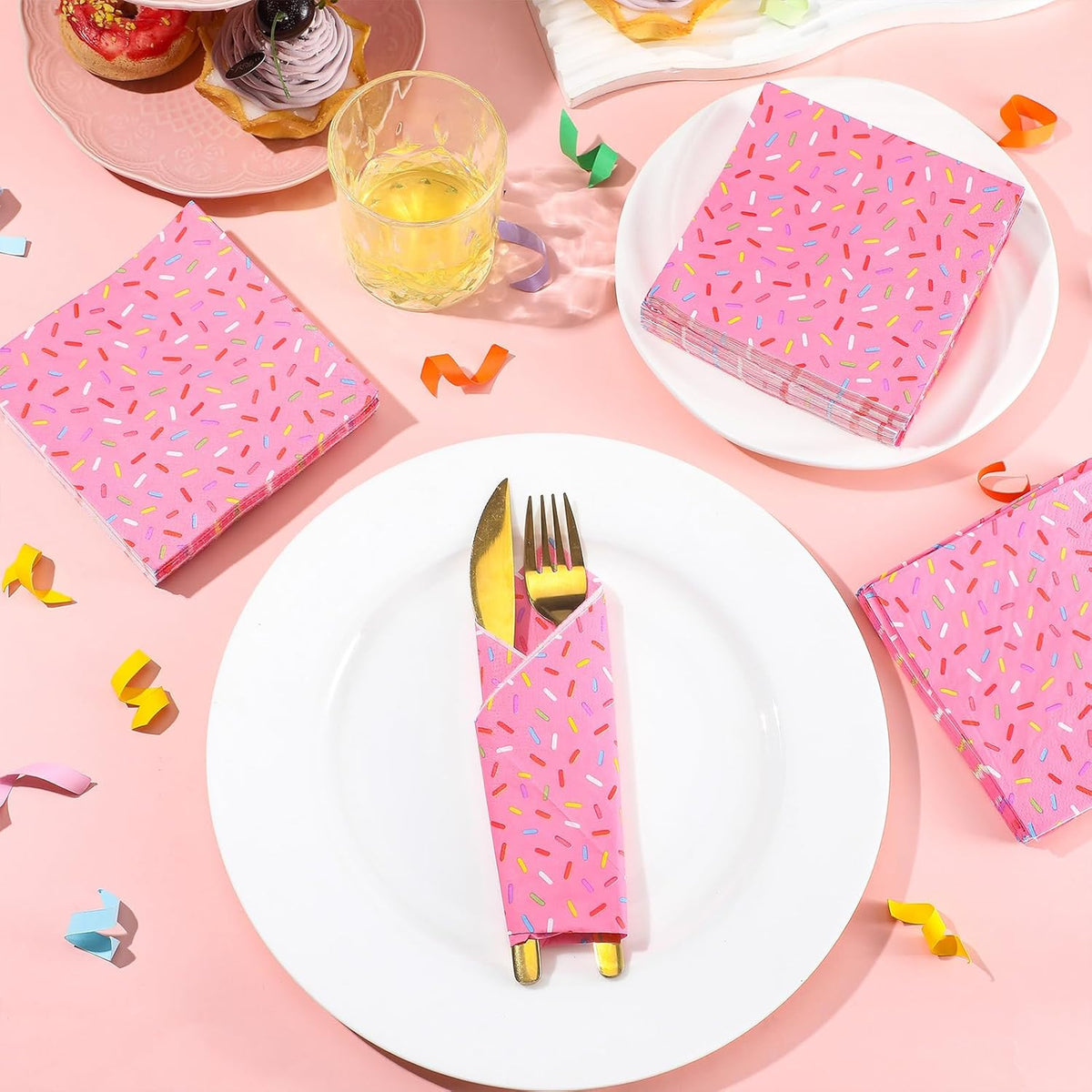 100 Pcs Sprinkles Napkins 2 Ply Disposable Paper Napkins for Baby Shower Birthday Party Theme Table Decor Supplies (Pink,Donut)
