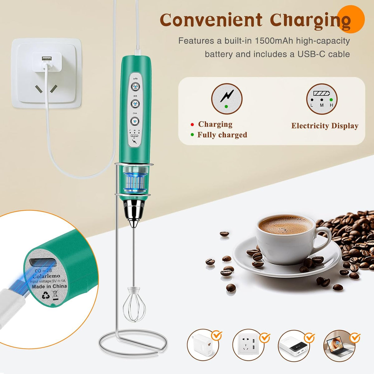 Milk Frother Handheld Rechargeable with Stand, Frother Wand Drink Mixer Electric Whisk for Coffee, Detachable With 3 Stainless Whisks, Hand Mixer for Lattes, Cappuccino, Matcha, Egg, Green