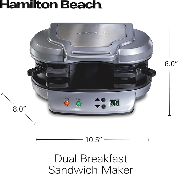 Hamilton Beach Dual Breakfast Sandwich Maker with Timer, Ready in 5 Minutes, Removable Dishwasher Safe PFAS-Free Non-Stick Egg Cooker Ring, Silver (25490MNA)